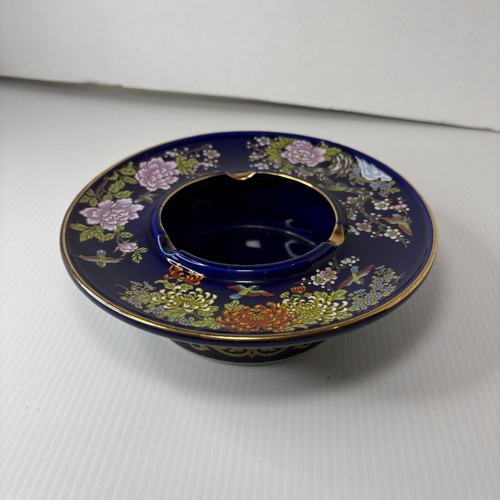 Vintage Kutani Japanese Raised Ashtray Cobalt Blue Floral/Gold
